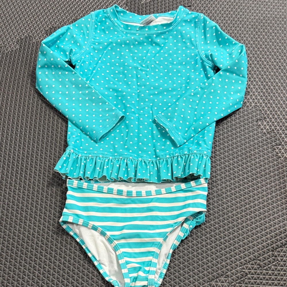 Ruffle Butts Teal and White Kids Rashguard Swim Set 4T